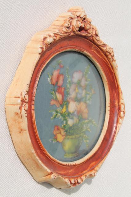 1940s vintage miniature floral picture, convex bubble glass chalkware frame