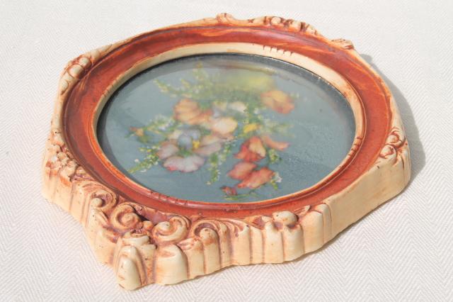 1940s vintage miniature floral picture, convex bubble glass chalkware frame