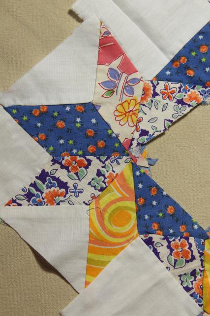 1940s vintage pieced star patchwork quilt blocks, great old prints & unbleached cotton fabric