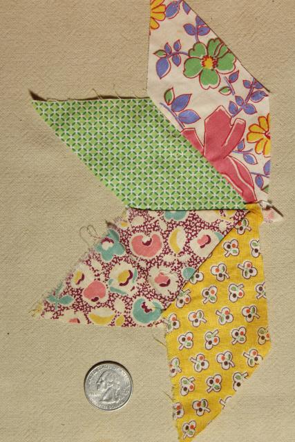 1940s vintage pieced star patchwork quilt blocks, great old prints & unbleached cotton fabric