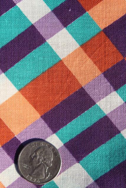 1940s vintage print cotton plaid feed sack fabric, purple / orange / green