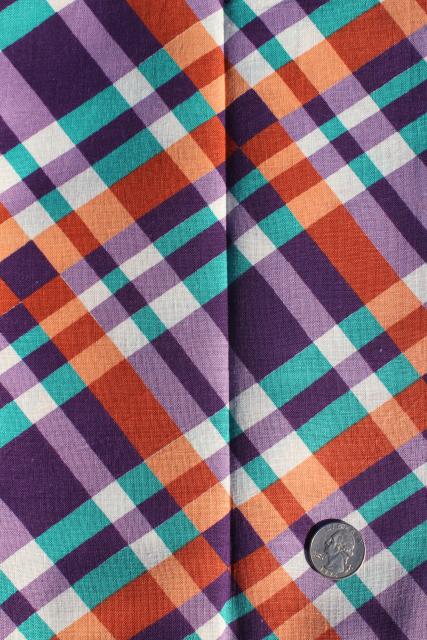 1940s vintage print cotton plaid feed sack fabric, purple / orange / green
