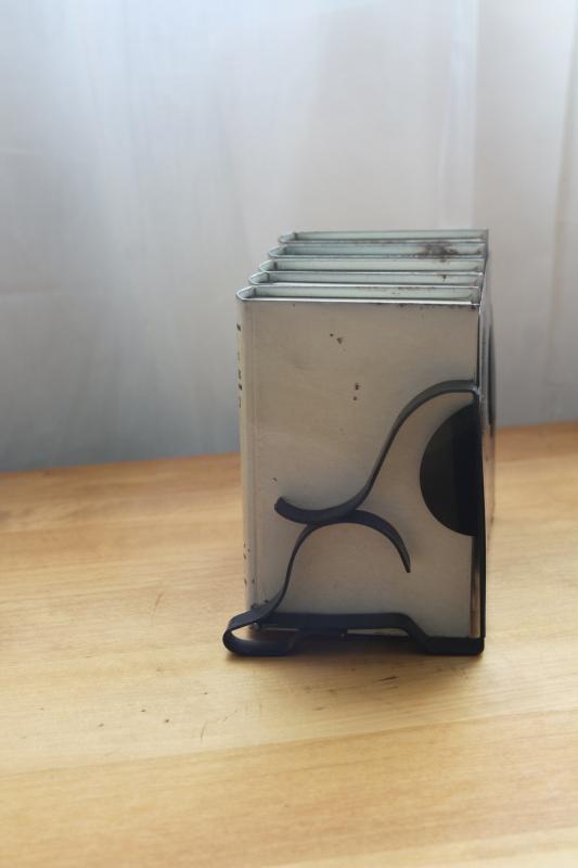 1940s vintage recipe card holder file box, shelf of little metal cookbooks