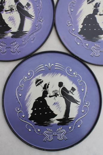 1940s vintage round metal serving trays, silhouettes print in black on lavender