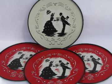 1940s vintage round metal trays, romantic couple silhouettes litho print