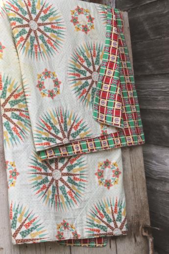 1940s vintage whole cloth quilt, star patchwork print cotton bedspread in southwest colors