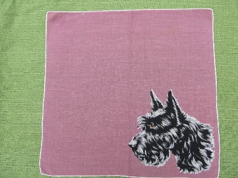 1940s-50s vintage hanky, Scotty dog print cotton handkerchief