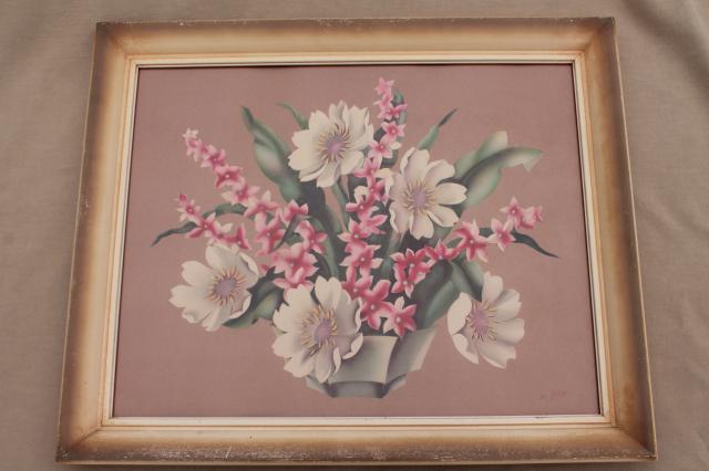 1950 de Jonge floral print still life flowers framed picture, vintage cottage chic
