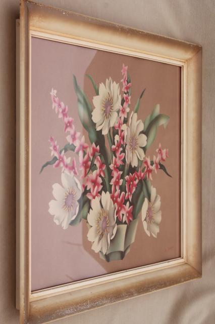 1950 de Jonge floral print still life flowers framed picture, vintage cottage chic
