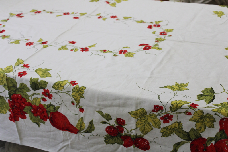 1950s 60s vintage cotton print kitchen tablecloth, red fruit w/ olive green vines