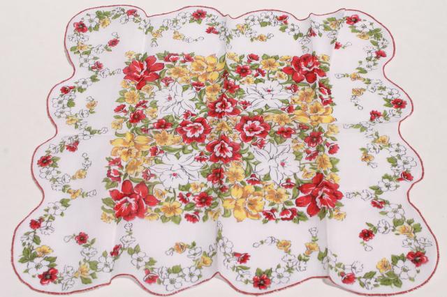 1950s 60s vintage flowered hankies, cotton print handkerchiefs, pretty printed florals