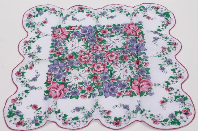 1950s 60s vintage flowered hankies, cotton print handkerchiefs, pretty printed florals