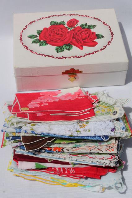 1950s 60s vintage flowered hankies, printed cotton handkerchiefs in rose print hanky box