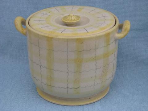 1950s plaid kitchenware, ceramic cookie jar, covered dish or fridge box
