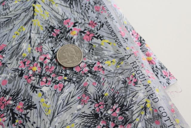 1950s regulated cotton fabric 'painted' floral print on grey, original tag