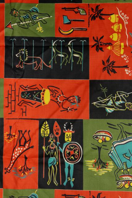1950s vintage 36 wide cotton fabric, African tribal scenes stylized mid-century print