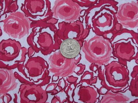 1950s vintage 36'' wide cotton print fabric, big pink roses