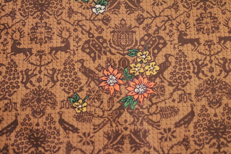 1950s vintage Bates cotton fabric, warm copper brown w/ William Morris style print