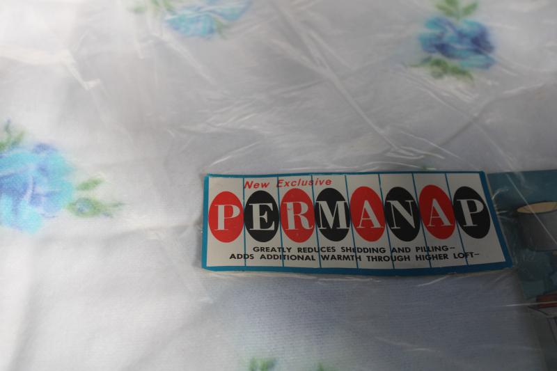 1950s vintage Beacon blanket mint in package, floral print rayon / cotton PermaNap label