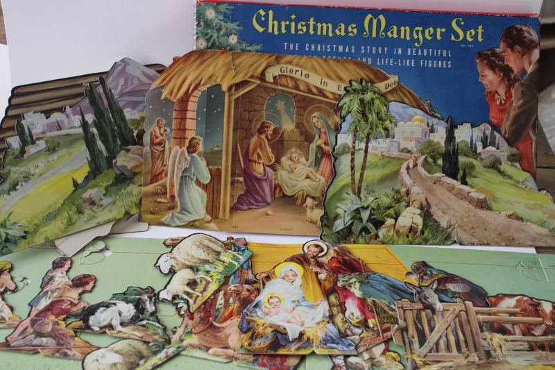 1950s vintage Christmas manger scene in box, die-cut paper cardboard Nativity figures