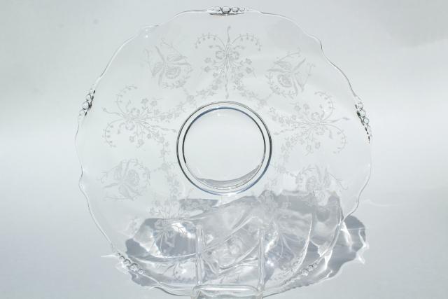 1950s vintage Heisey orchid etched glass, large flower bowl fruit centerpiece crimped shape
