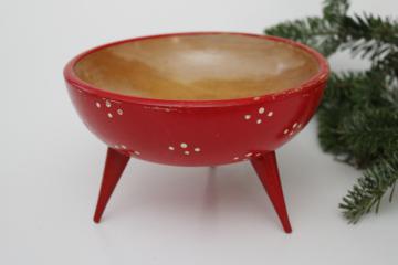 1950s vintage Japan Woodpecker woodware hand painted magic mushroom toadstool bowl, red  white dotted