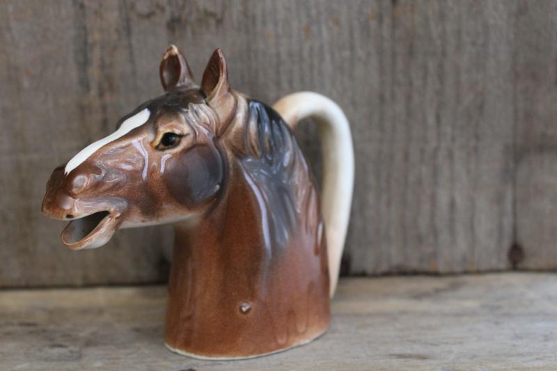 1950s vintage Japan ceramic horse head figural cream pitcher, mini creamer