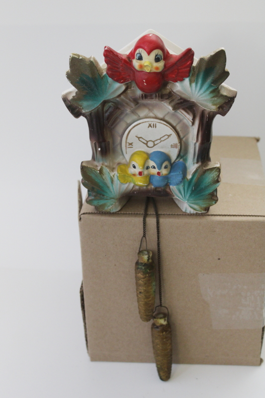 1950s vintage Japan ceramic wall pocket planter vase, cuckoo clock w/ blue birds