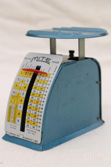 1950s vintage MITE postage meter scale, industrial metal retro machine age office desk 