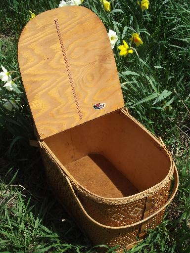 1950s vintage Redman picnic basket, large hamper w/ bentwood handles