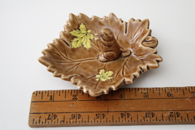 1950s vintage Shafford Japan ceramic ring holder trinket dish, squirrel or beaver on autumn leaf