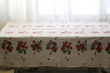 1950s vintage Wilendure red strawberry printed cotton tablecloth, bright retro fruit print