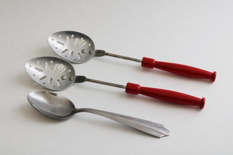1950s vintage aluminum spoons w/ red painted wooden handles, working toy kitchen utensils