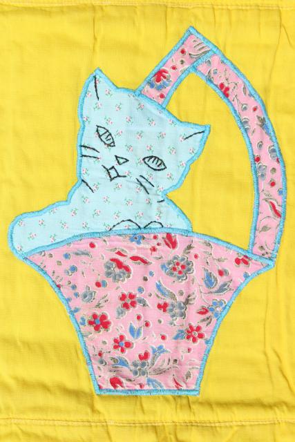 1950s vintage baby quilt, cotton applique crib blanket w/ kittens and cats