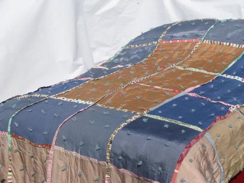1950s vintage bedspread comforter tied quilt, taffeta blocks in pinks & blues