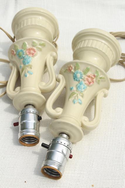 1950s vintage boudoir lamps, ceramic vanity table lamp pair, pottery w/ retro flowers