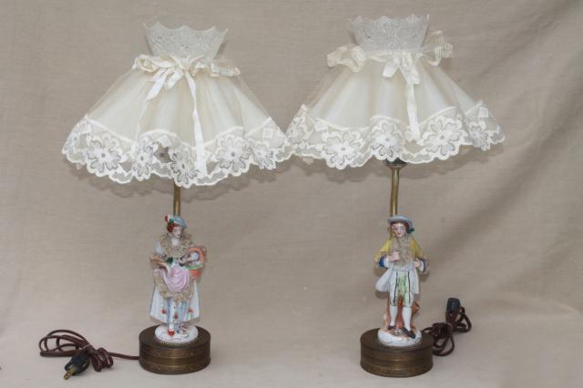 1950s vintage boudoir lamps w/ ruffled shades, french country couple china figurine lamp bases