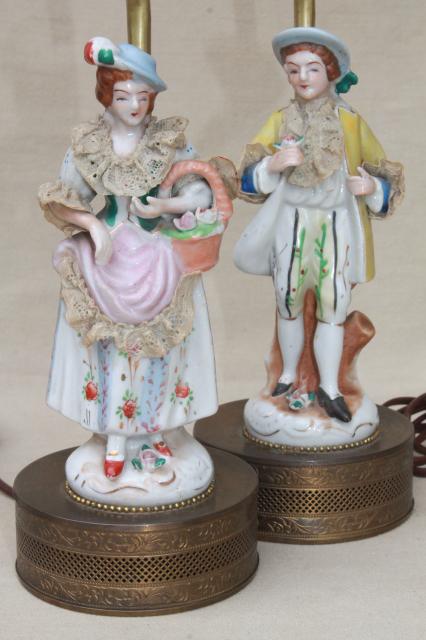 1950s Vintage Boudoir Lamps W Ruffled, Chinese Figurine Lamps