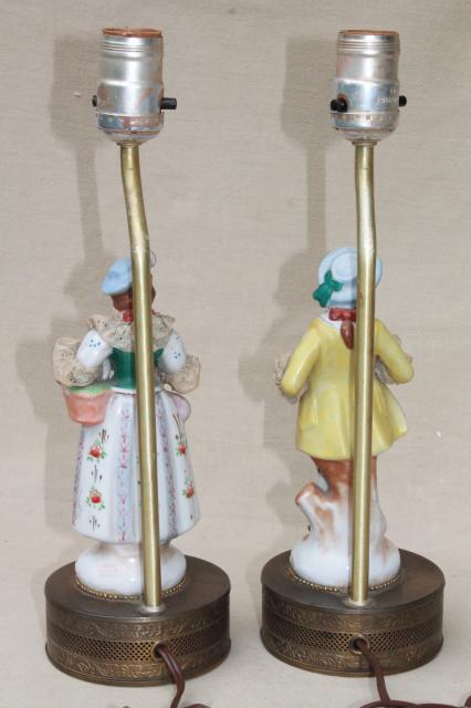 1950s vintage boudoir lamps w/ ruffled shades, french country couple china figurine lamp bases