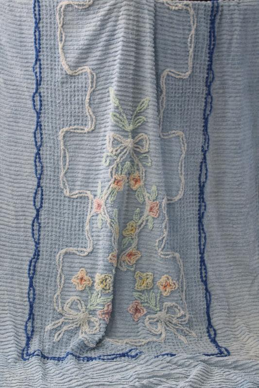 1950s vintage chenille bedspread blue w/ flowers, all cotton so soft & plush