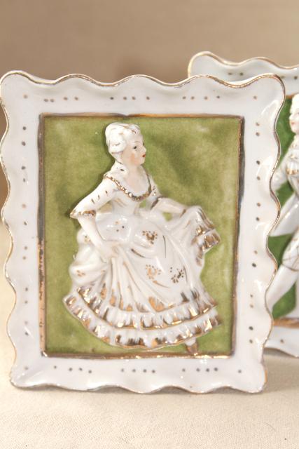 1950s vintage china frames w/ dimensional figures, hand painted Japan french art pieces
