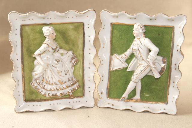 1950s vintage china frames w/ dimensional figures, hand painted Japan french art pieces