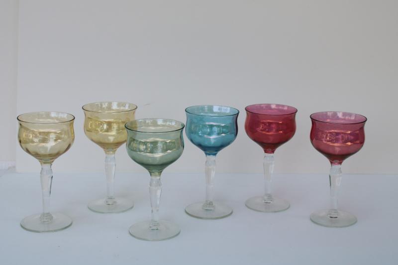 1950s vintage cocktail glasses, iridescent colored lustre stemware West Virginia glass