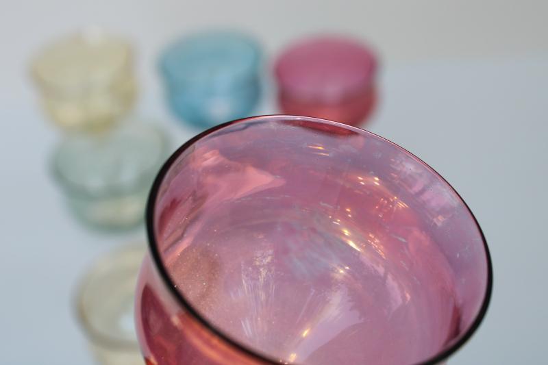 1950s vintage cocktail glasses, iridescent colored lustre stemware West Virginia glass