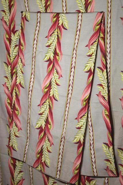 1950s vintage cotton barkcloth fabric curtains, pink grey leaves, very retro!