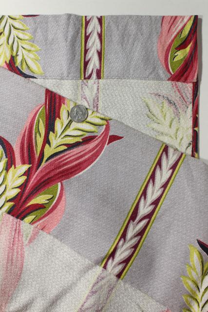 1950s vintage cotton barkcloth fabric curtains, pink grey leaves, very retro!