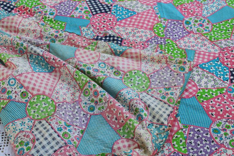 1950s vintage cotton cheater patchwork quilt print fabric pink green aqua