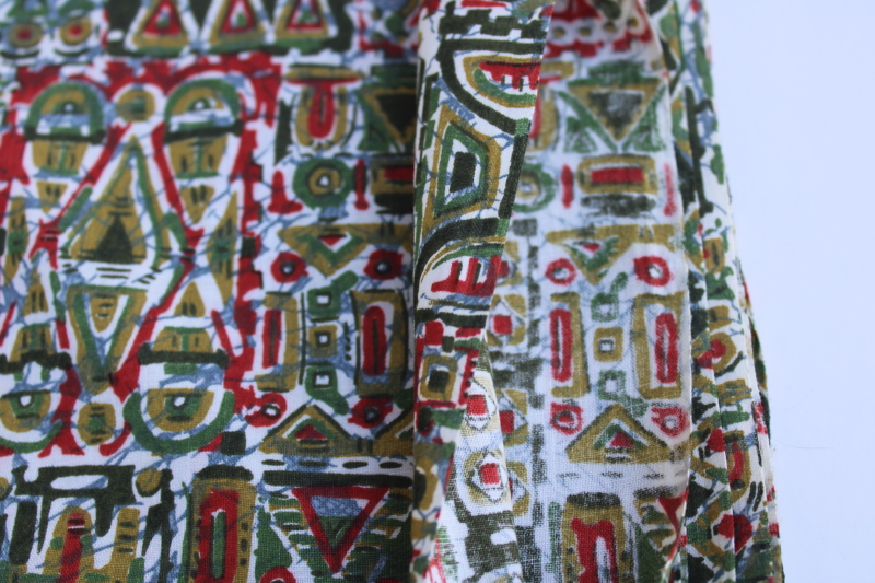 1950s vintage cotton fabric, batik type print in olive green, red, blue