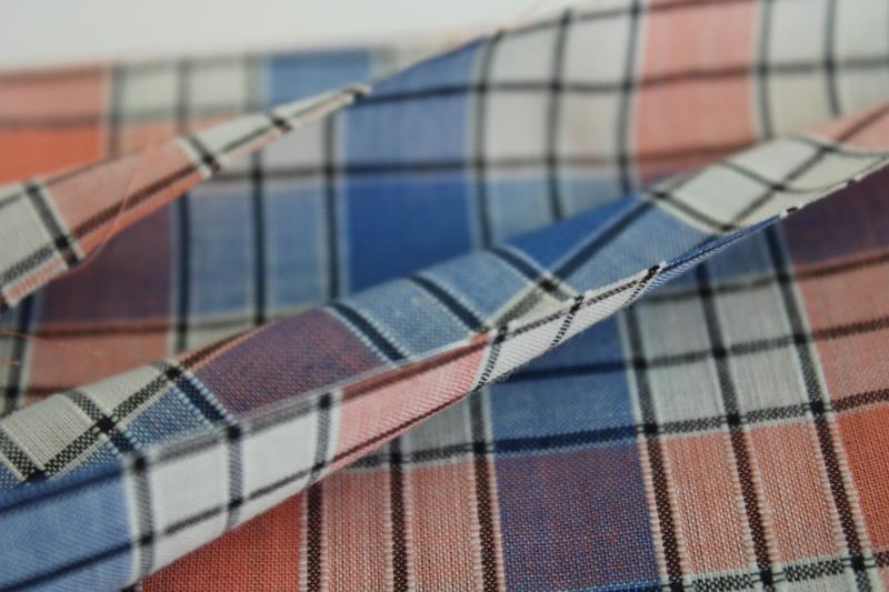 1950s vintage cotton fabric, coral pink & blue woven plaid shirting material