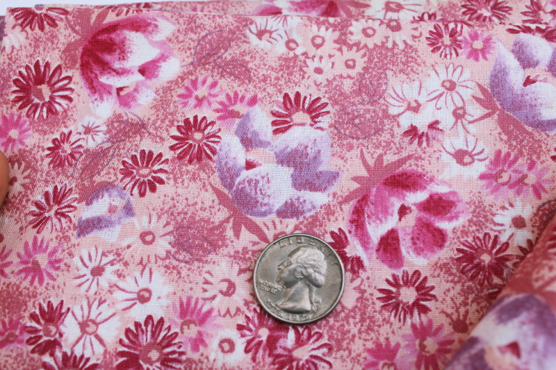 1950s vintage cotton fabric, floral print mauve pink lavender burgundy wine